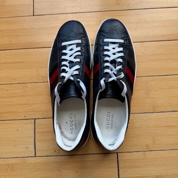 Gucci Ace GG Embossed Leather Sneakers – Navy – Men’s Size 13 - Picture 1 of 5